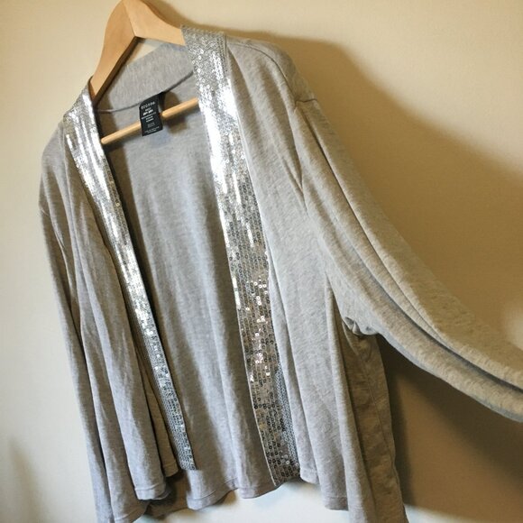 Heathered Grey Silver Sequin Trimmed Open Cardigan - Picture 6 of 15